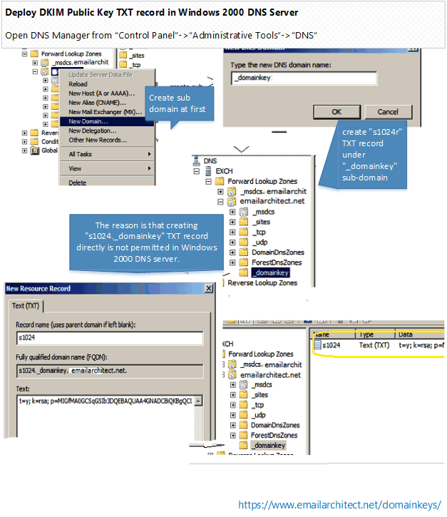 DKIM public key record in Windows 2000 DNS server