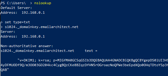 using nslookup to query DKIM public key