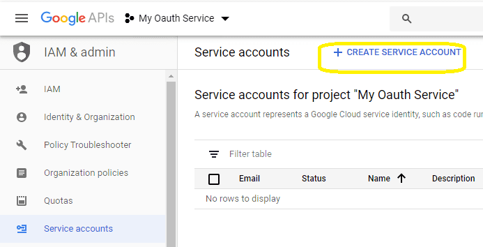 create service account in google developers console