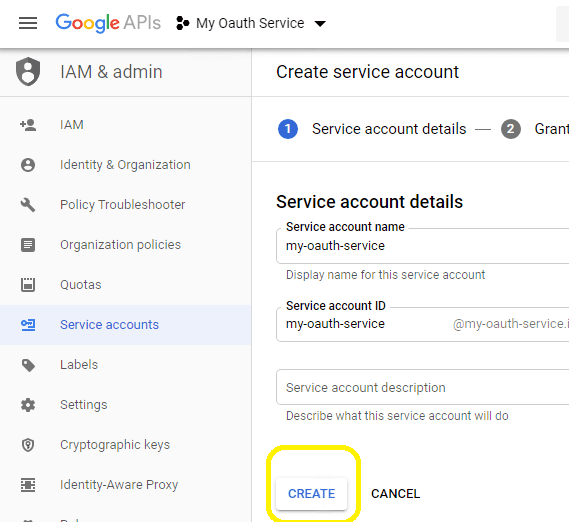 create service account in google developers console step 1