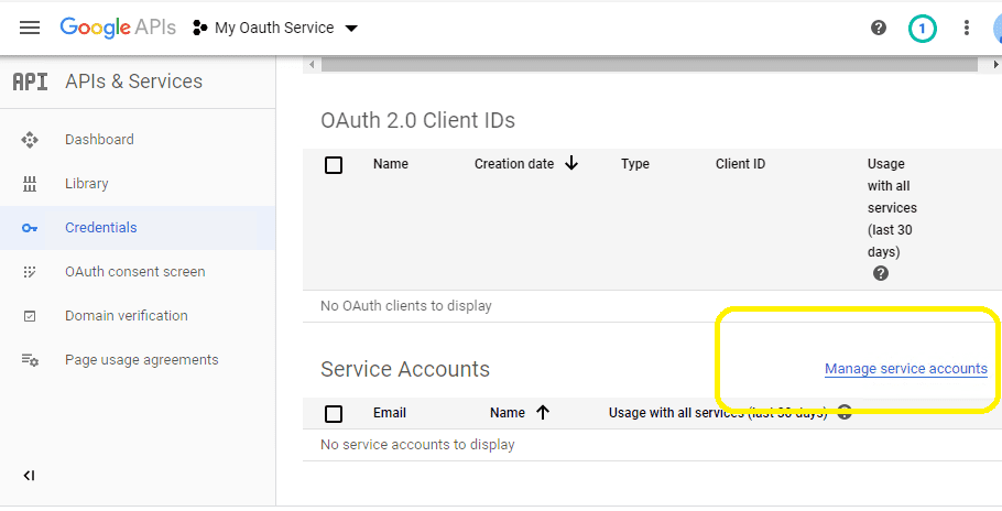 manage service account in google developers console