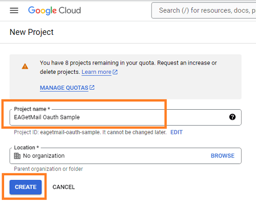 create new project in google developers console