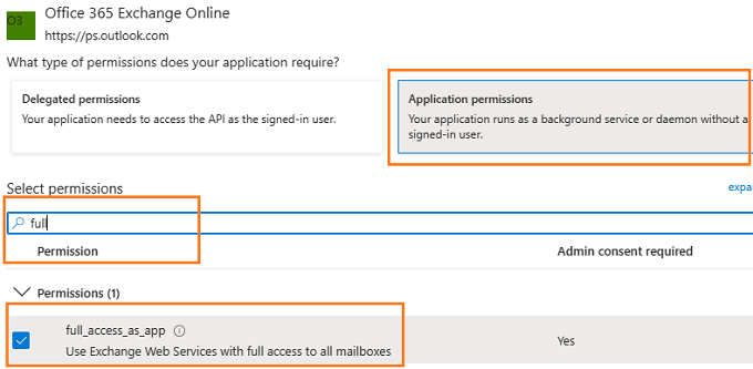 add exchange online EWS permission to app in azure