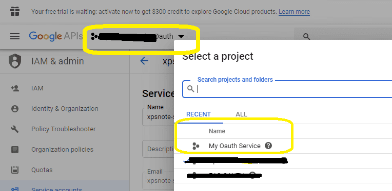 select project in google developers console