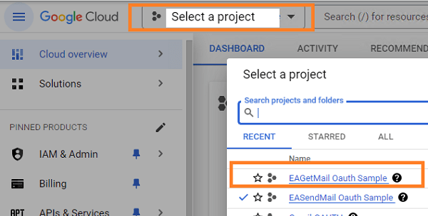 select project in google developers console