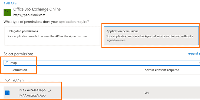 add exchange online IMAP permission to app in azure