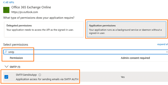 add exchange online SMTP permission to app in azure
