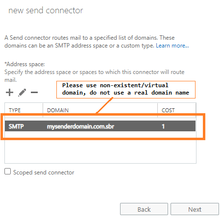 set address space for send connector in Exchange Server