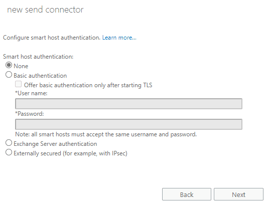 set smart host authentication for send connector in Exchange Server