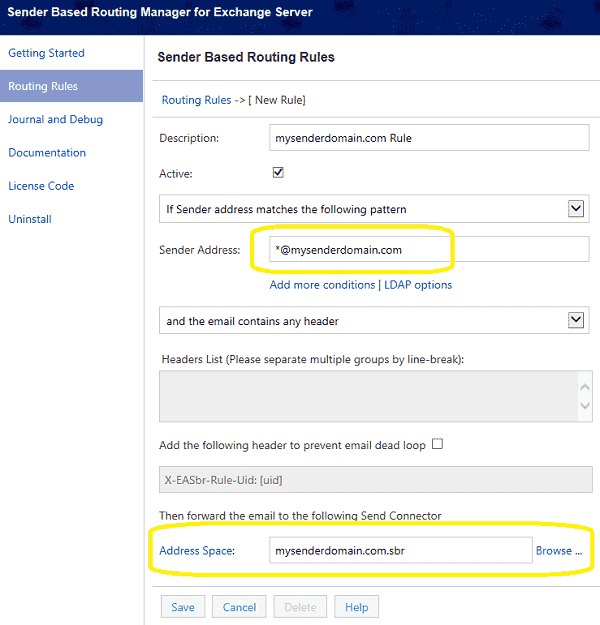 create sender based routing rule in Exchange Server