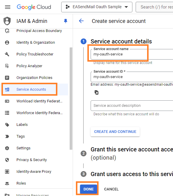 create service account in google developers console step 1