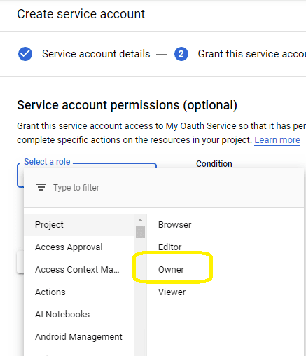 create service account in google developers console step 2