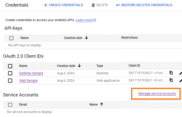 manage service account in google developers console