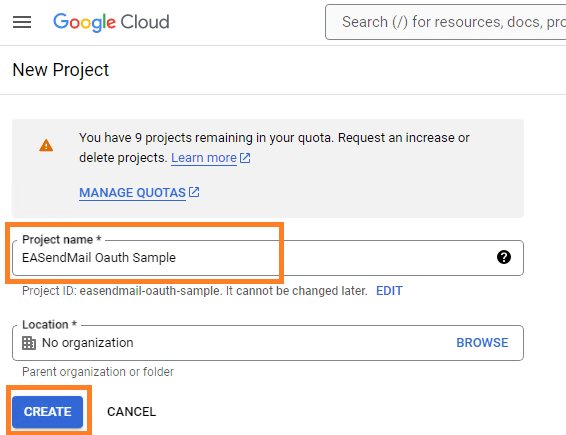 create new project in google developers console