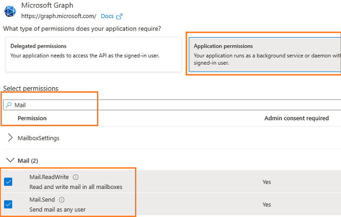 add Graph Mail.Send Mail.ReadWrite permission to app in azure
