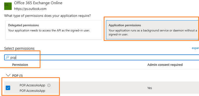 add exchange online POP permission to app in azure