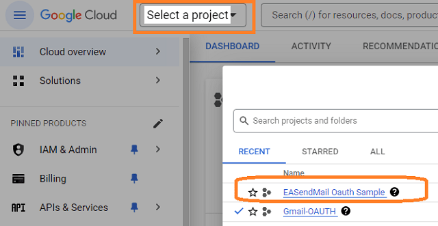 select project in google developers console