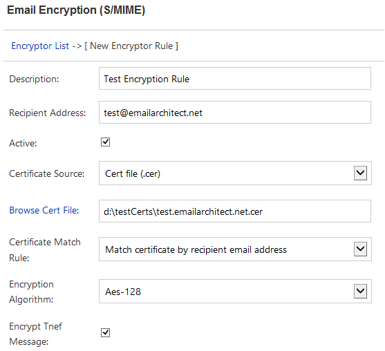 Create email encryption rule in IIS SMTP Service