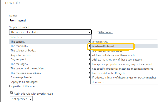 transport rule with sender conditions.