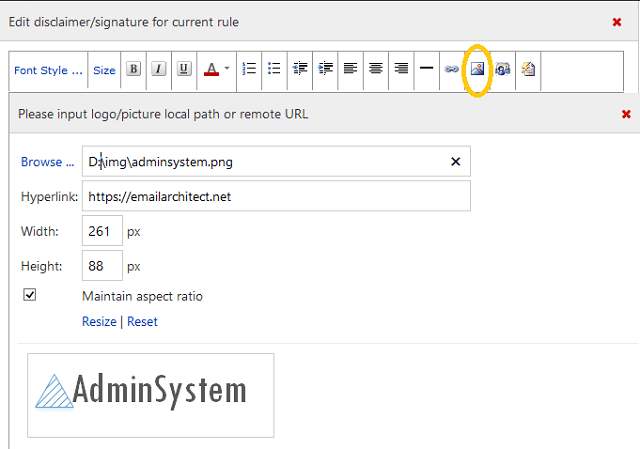 Insert embedded image in email disclaimer