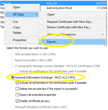 Export certificate to pfx file